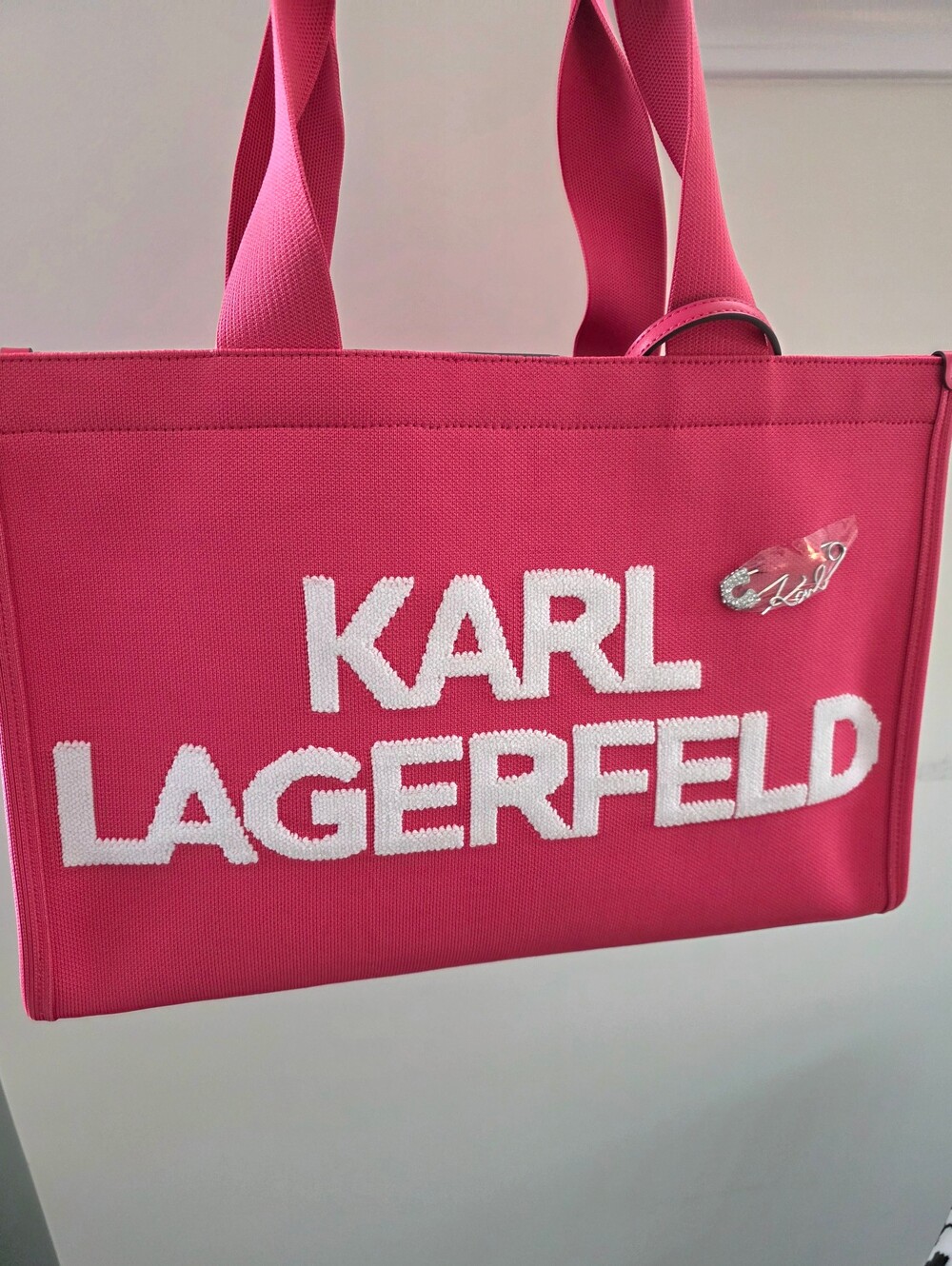 Karl Lagerfeld Fuchsia Canvas Logo Tote with White Embroidery